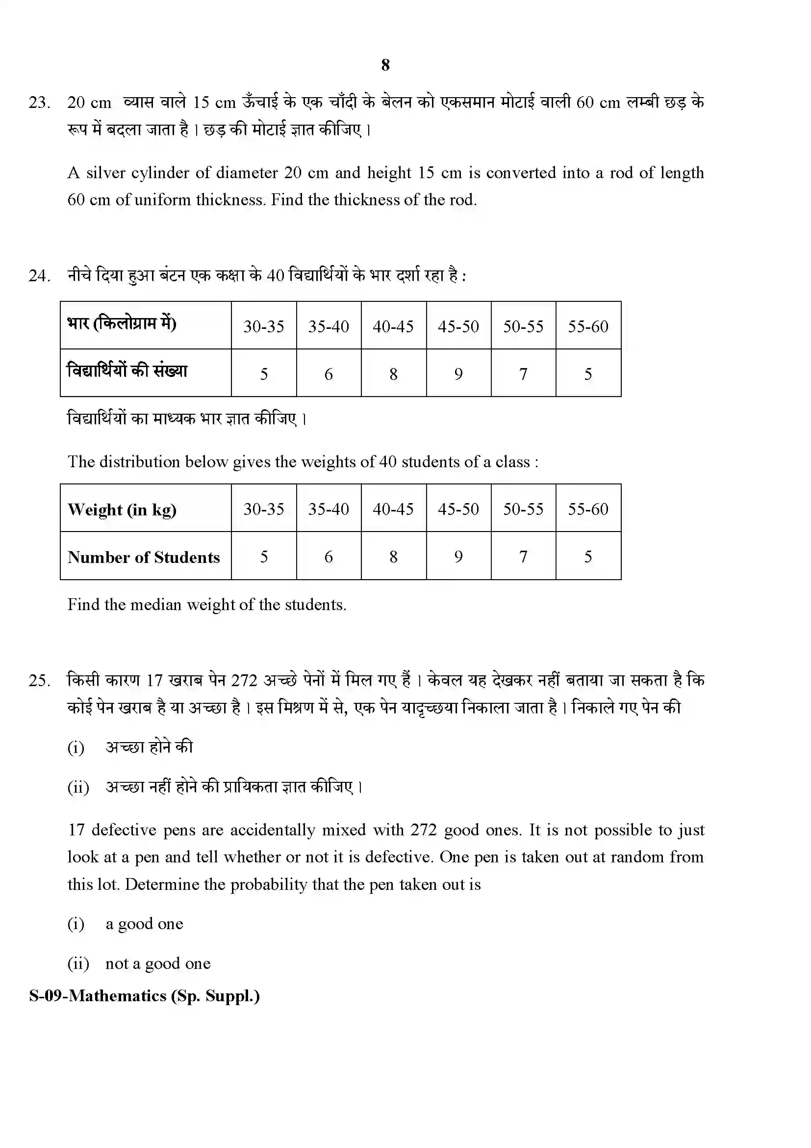 RBSE Class 10th 2017 Suppl.)-S-09-2017 Previous Year Paper 8