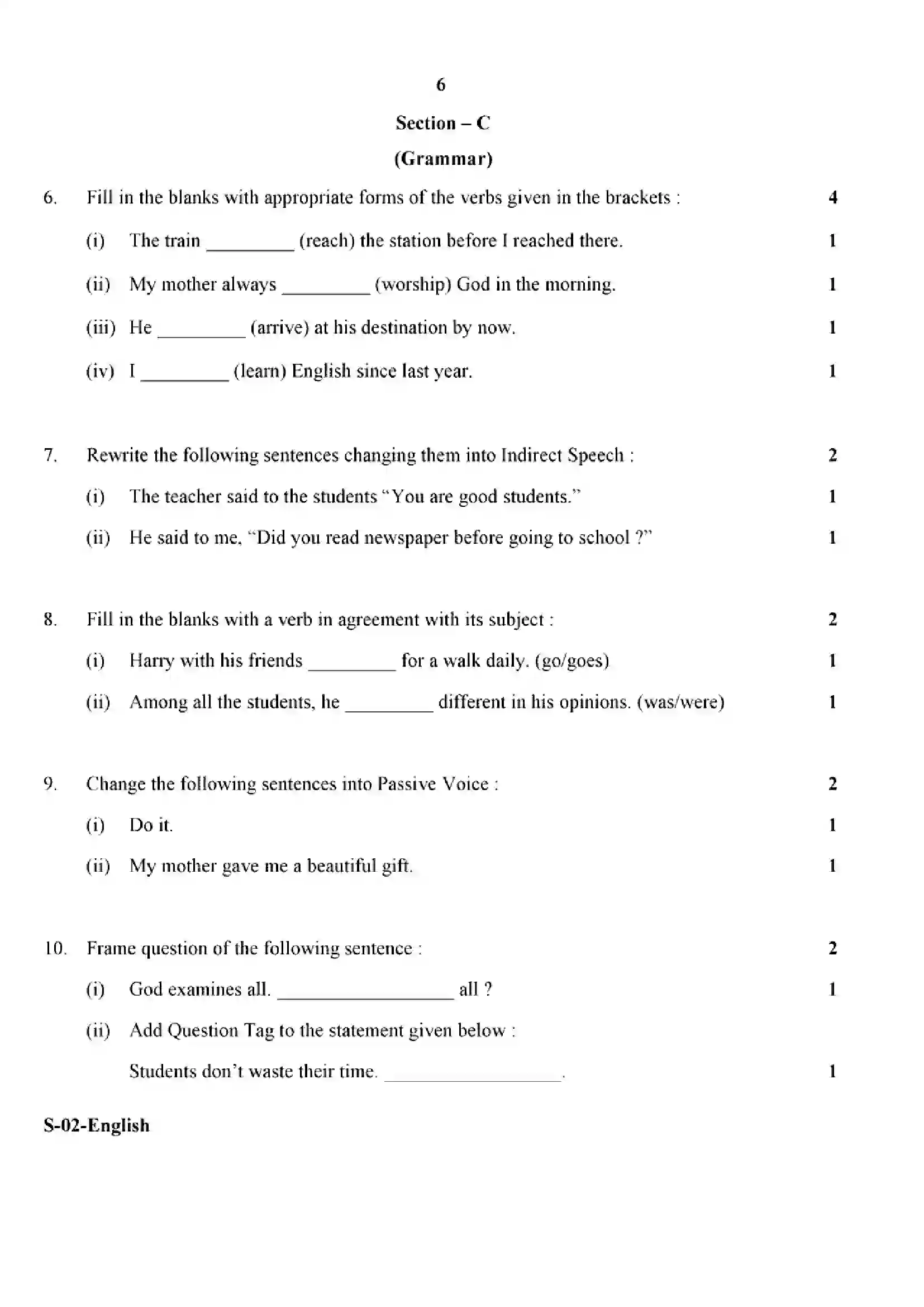 RBSE Class 10th 2024 English-S-02-2024 Previous Year Paper 6
