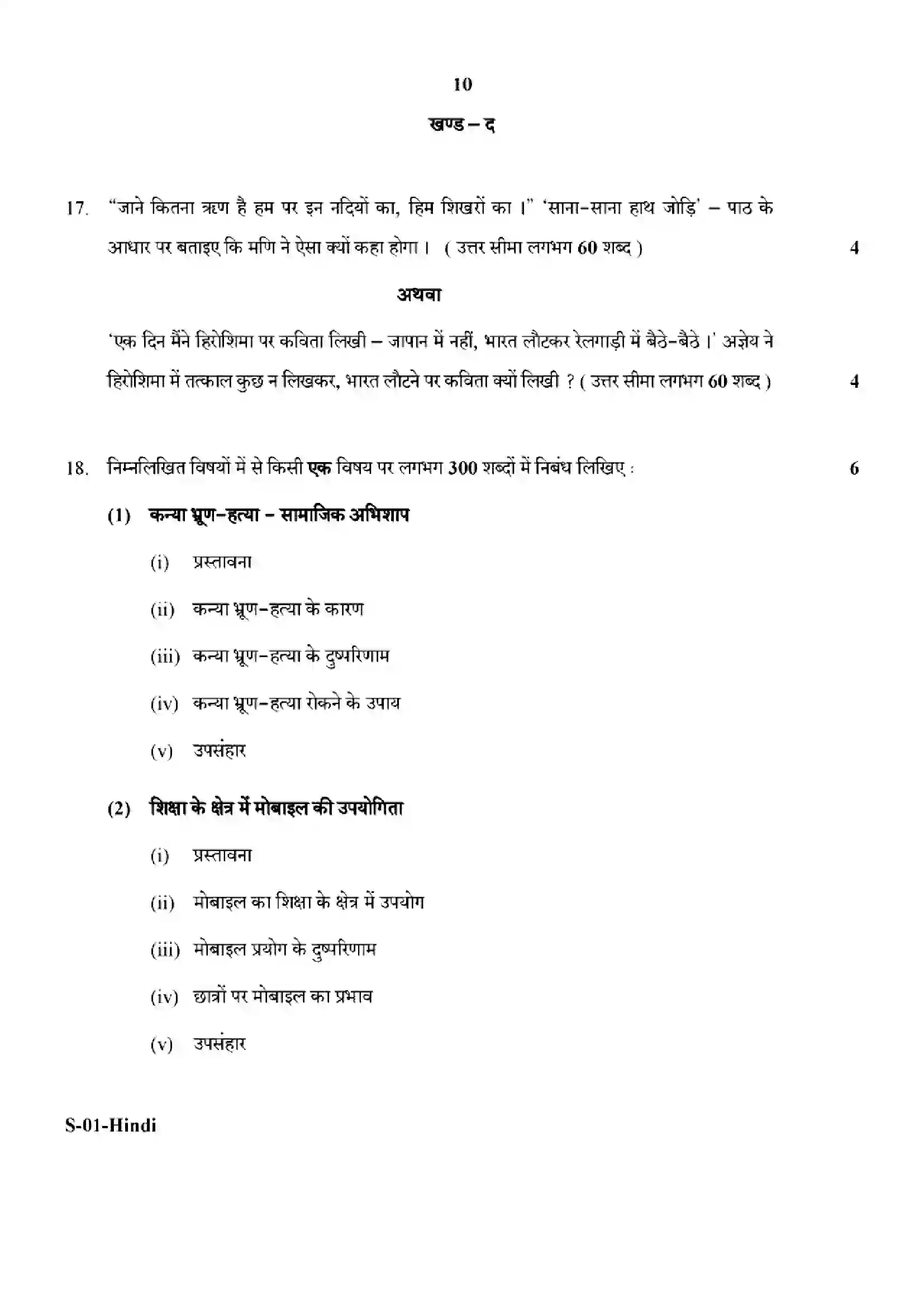 RBSE Class 10th 2024 Hindi-S-01-2024 Previous Year Paper 10