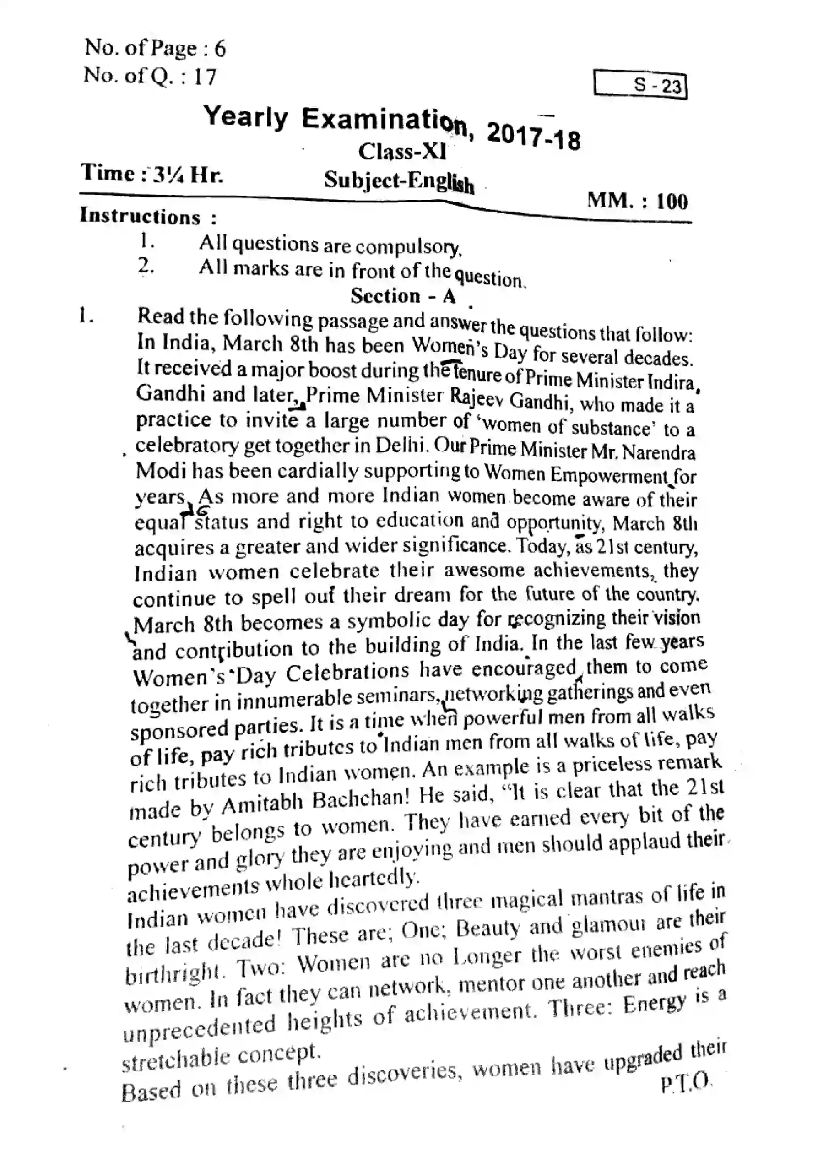 RBSE Class 11th 2018 English-S-23-2018 Previous Year Paper 1