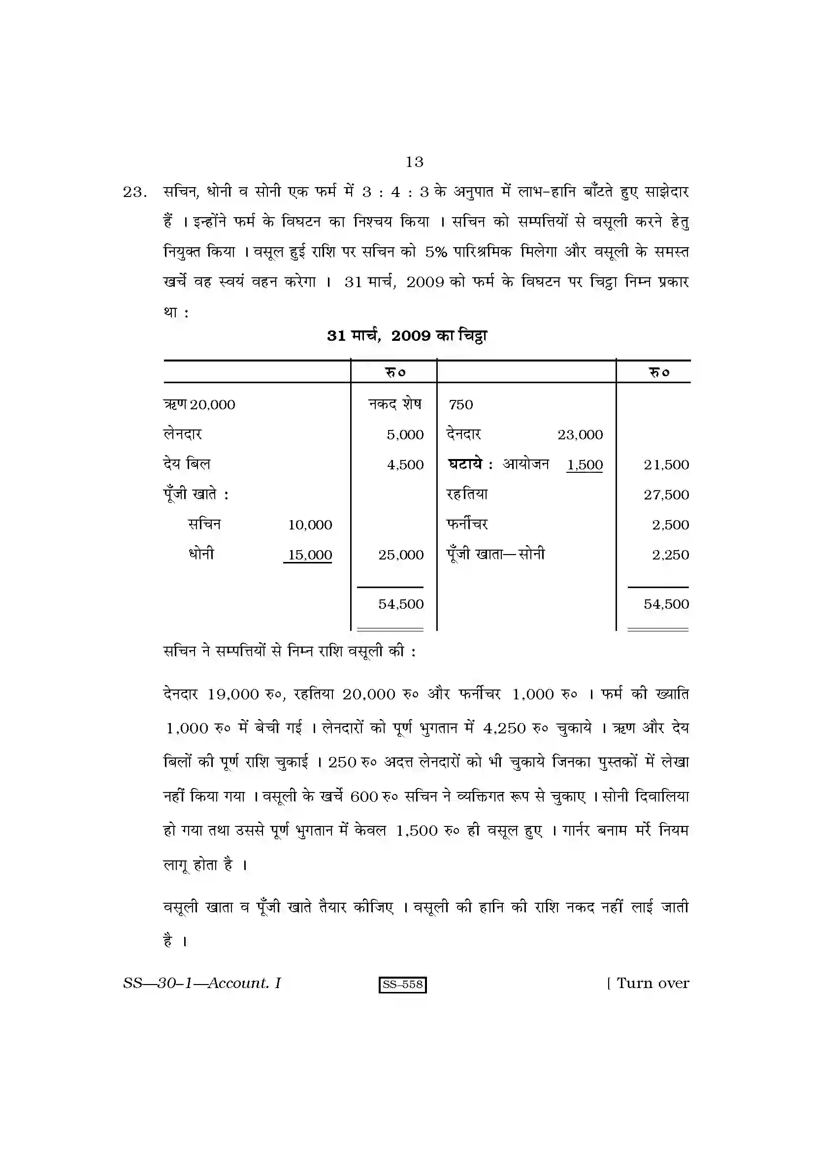 RBSE Class 12th 2010 Accountancy-SS-30-1-2010 Previous Year Paper 13