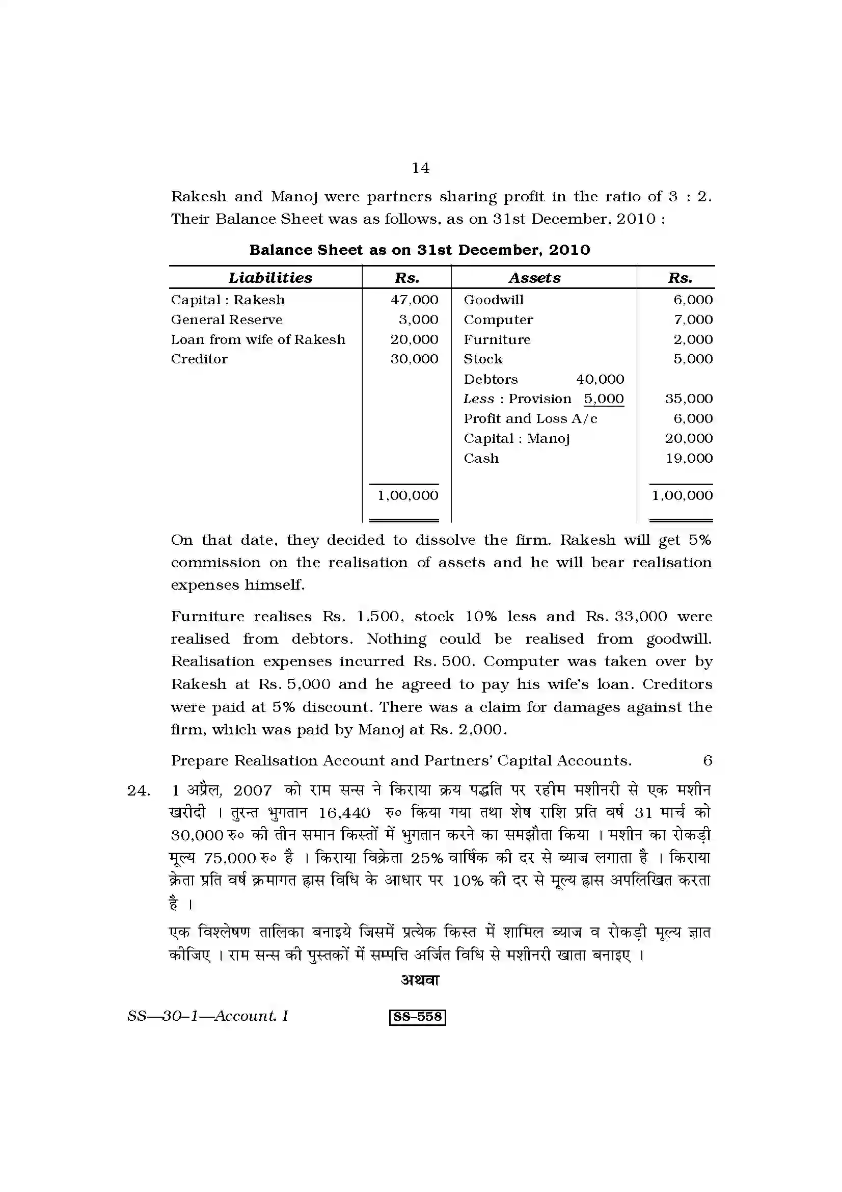 RBSE Class 12th 2011 Accountancy-SS-30-1-2011 Previous Year Paper 14
