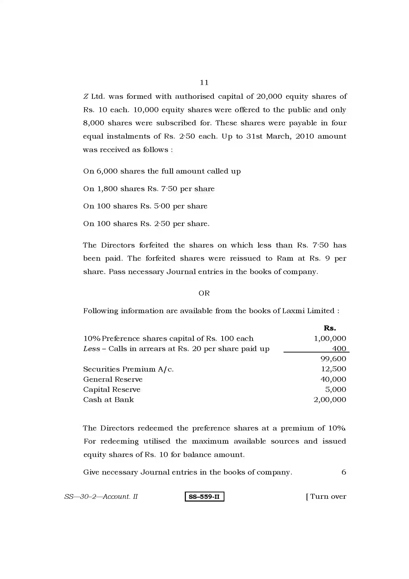 RBSE Class 12th 2011 Accountancy-SS-30-2-2011 Previous Year Paper 11