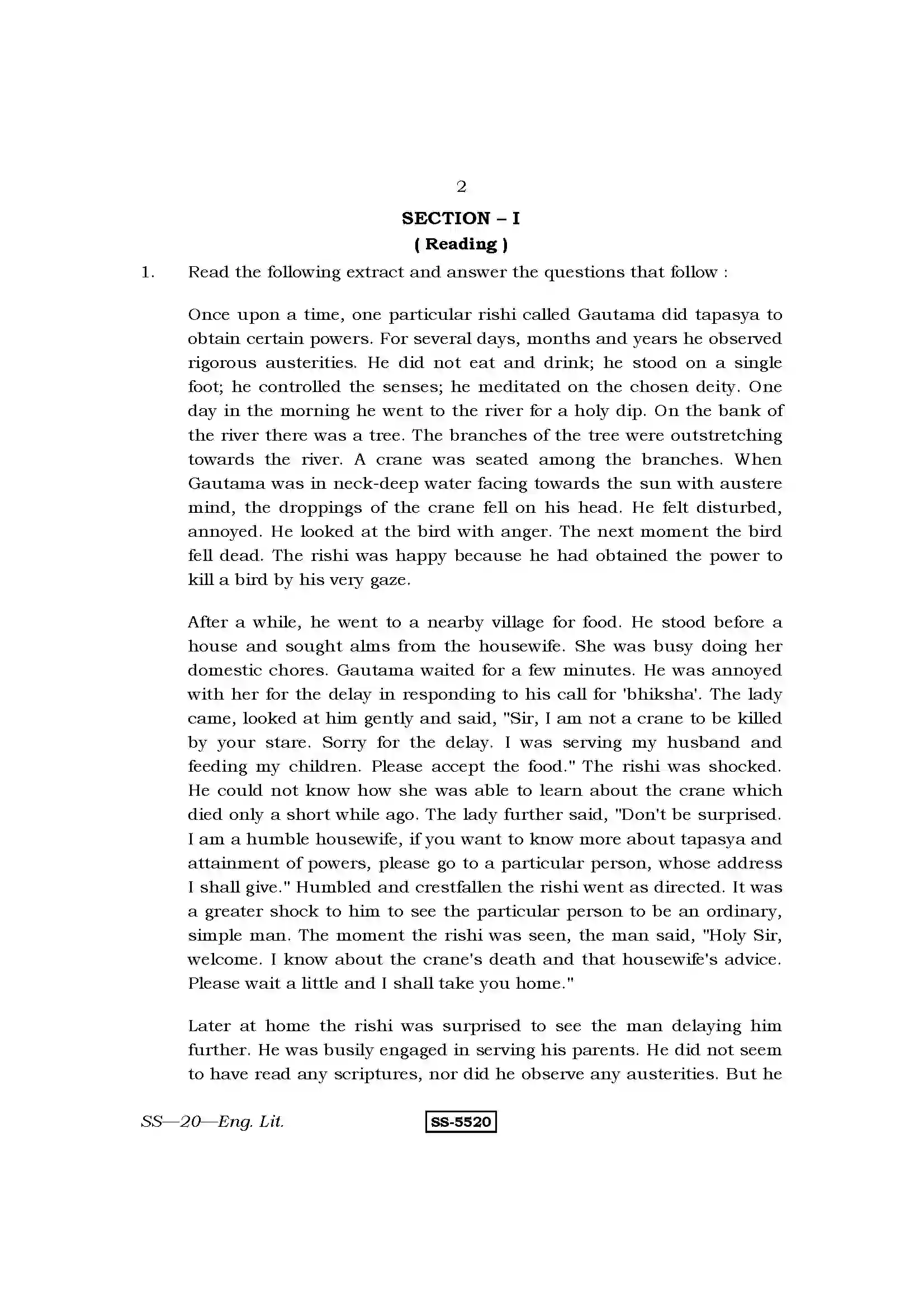 RBSE Class 12th 2014 English Literature-SS-20-2014 Previous Year Paper 2