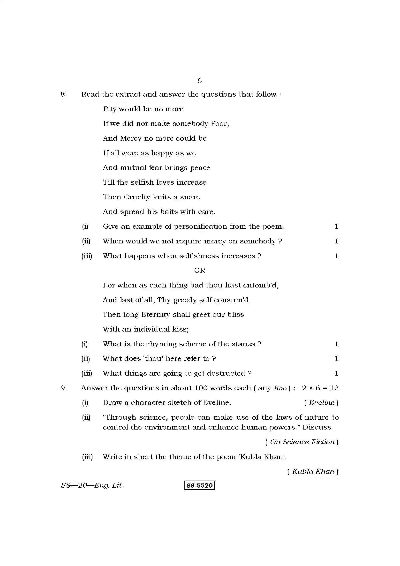 RBSE Class 12th 2014 English Literature-SS-20-2014 Previous Year Paper 6