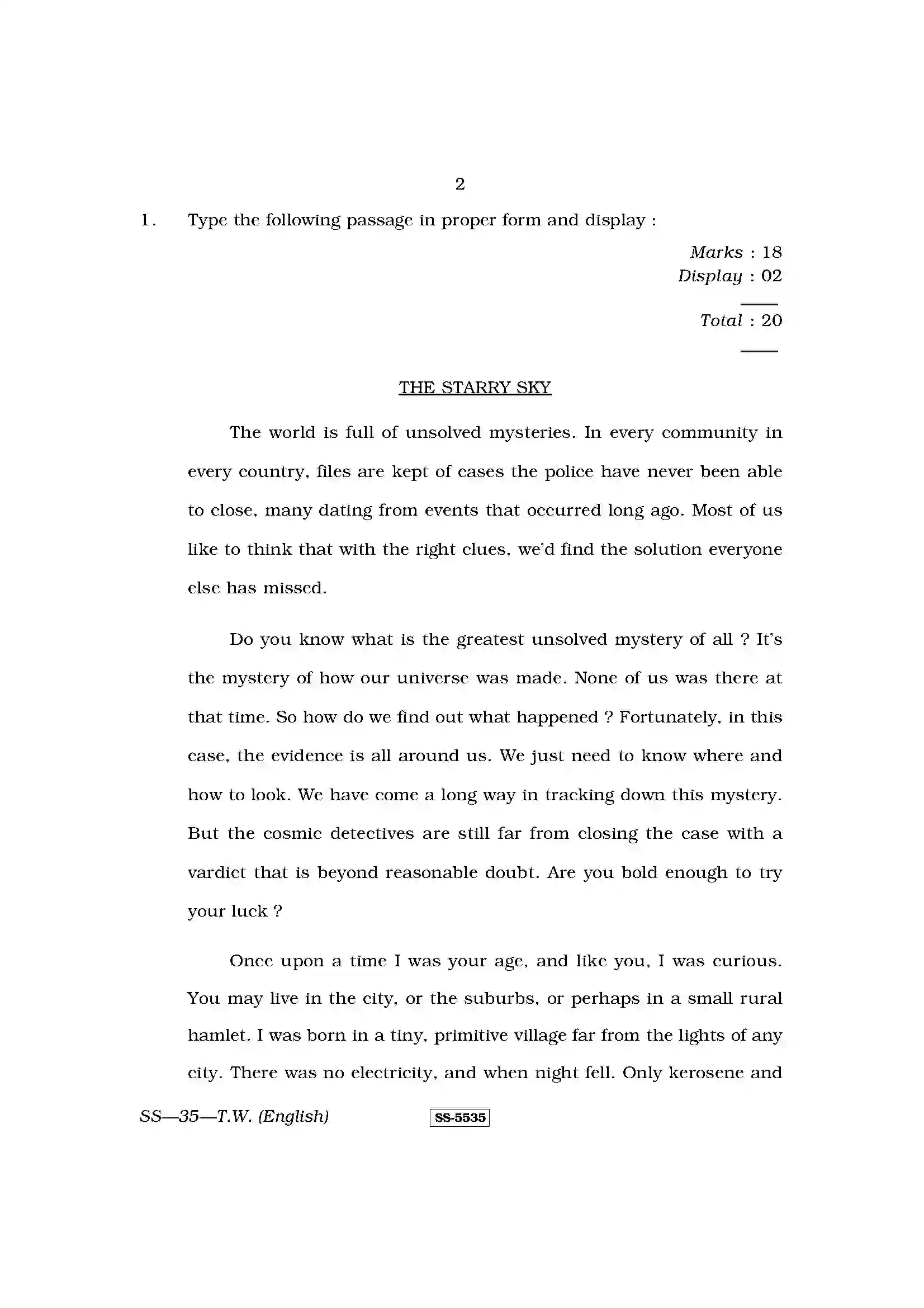 RBSE Class 12th 2014 Typewriting In English-SS-35-2014 Previous Year Paper 2
