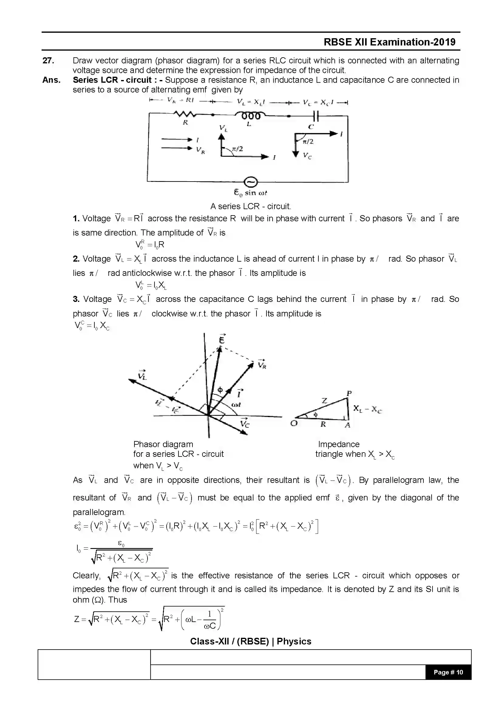 RBSE Class 12th 2019 Physics-SS-40-1-2019-With Solution Previous Year Paper 10