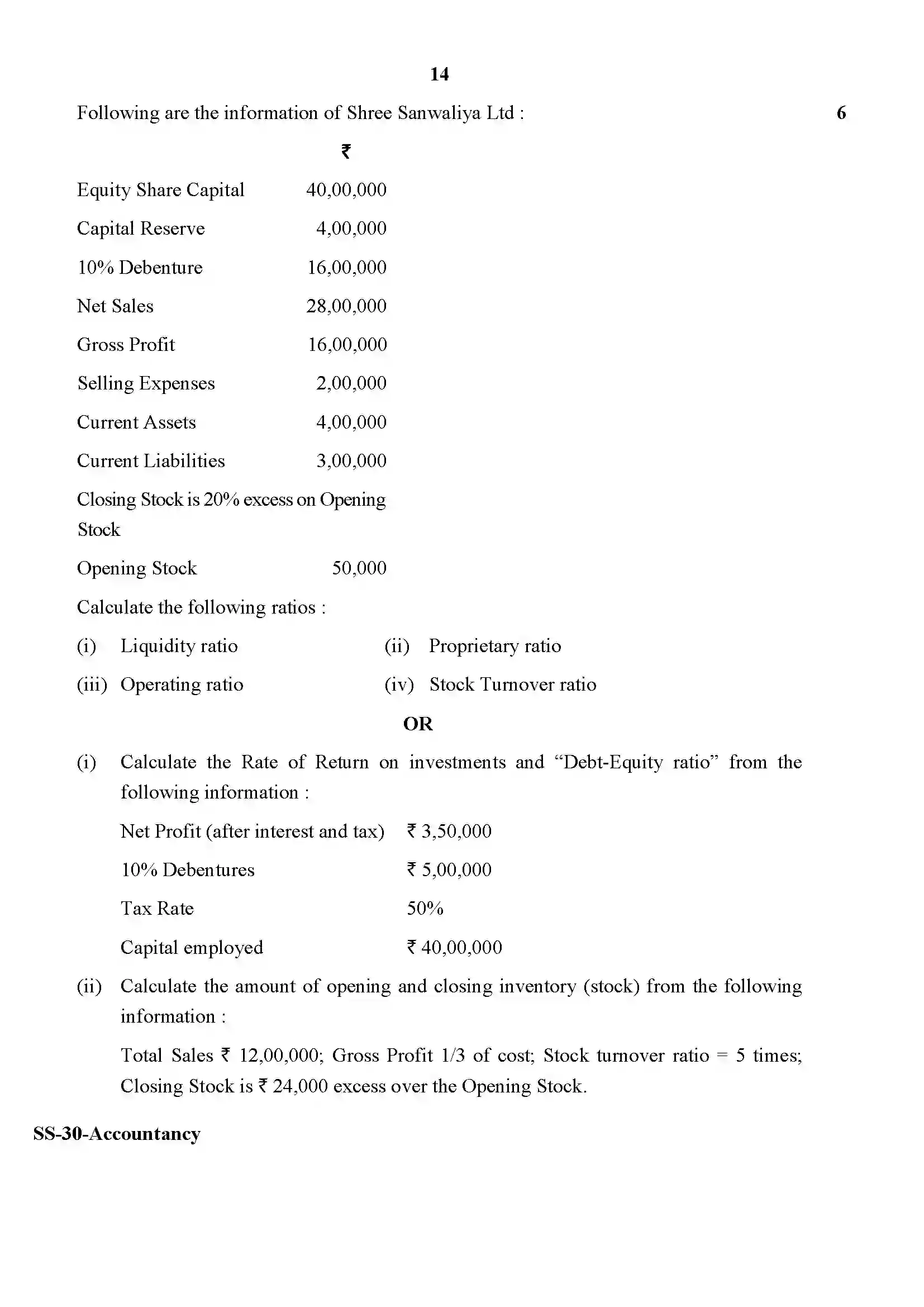 RBSE Class 12th 2020 Accountancy-SS-30-2020 Previous Year Paper 14