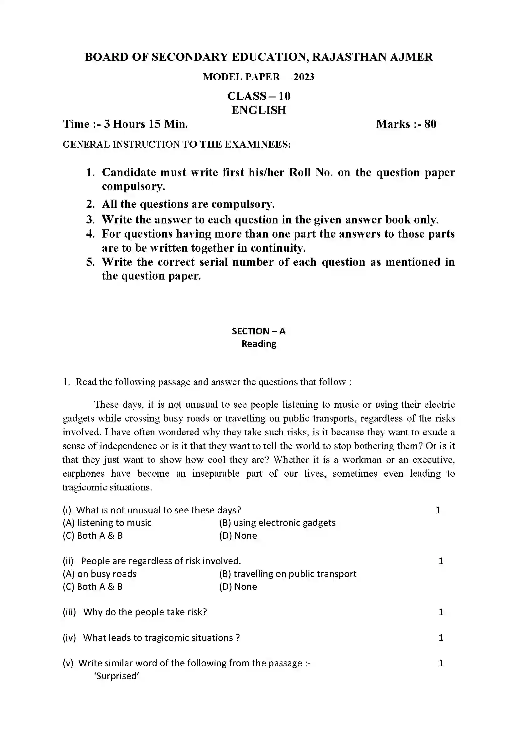 RBSE Class 10th 2023 English Sample Paper 3