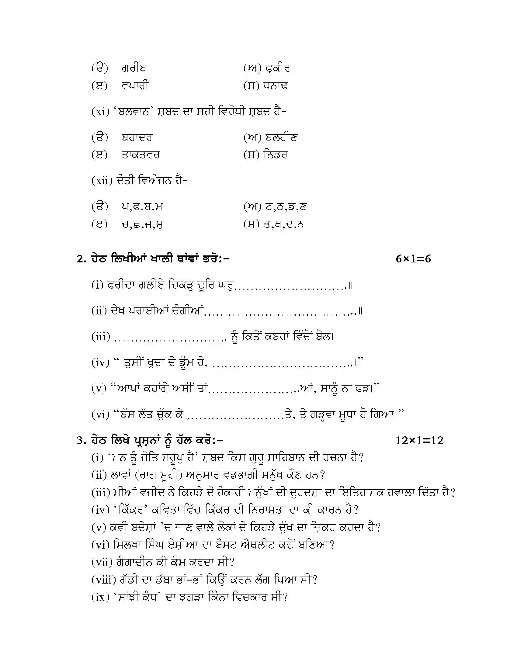 RBSE Class 10th 2024 Punjabi Sample Paper 5