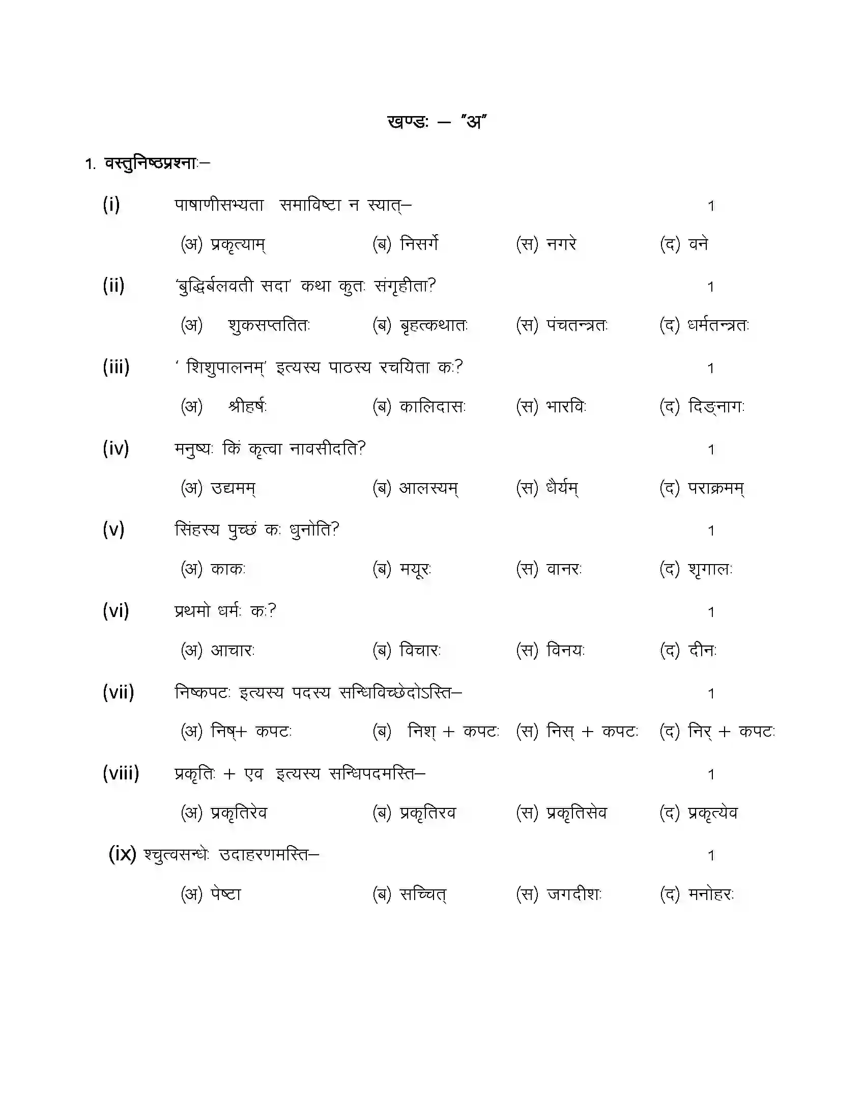 RBSE Class 10th 2024 Sanskrit Sample Paper 4