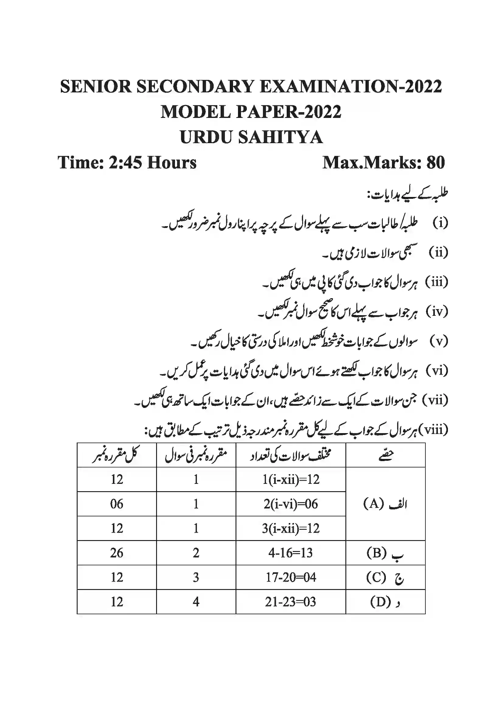 RBSE Class 12th 2022 Urdu Sahitya Model Papers Sample Paper 1