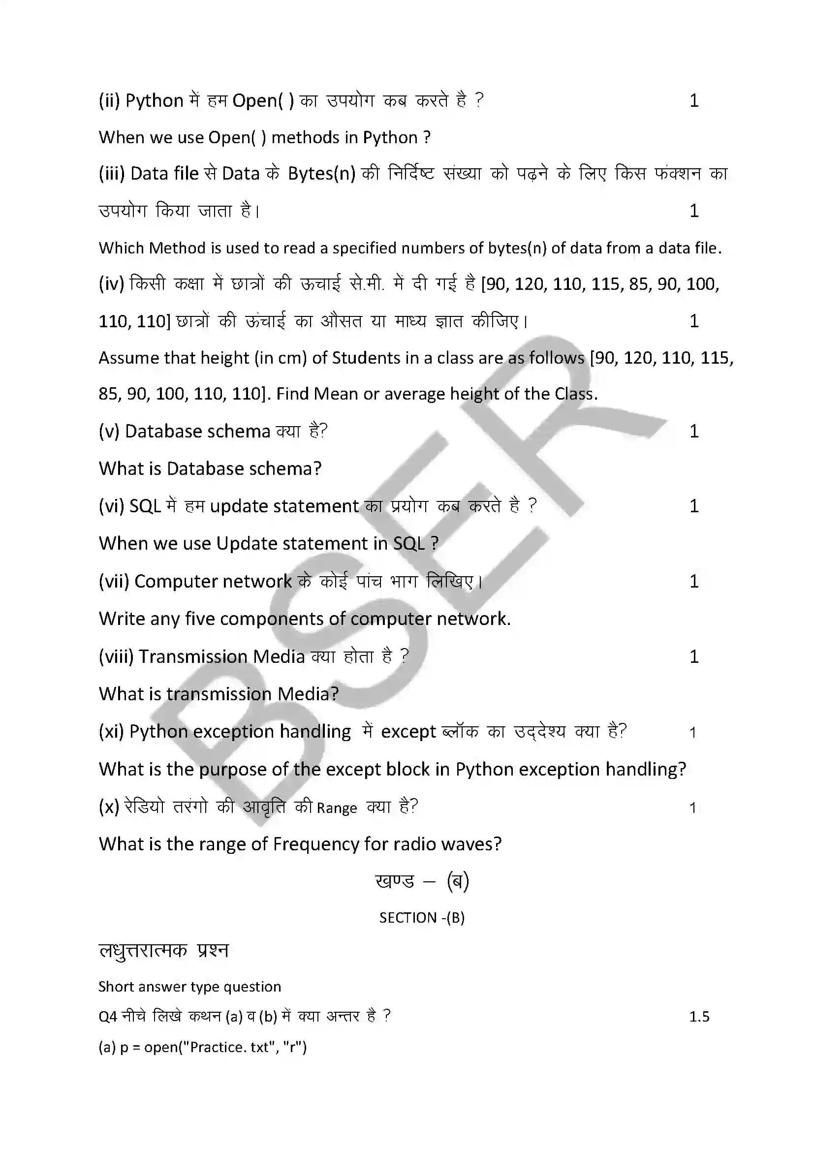 RBSE Class 12th 2025 Computer Science Sample Paper 10