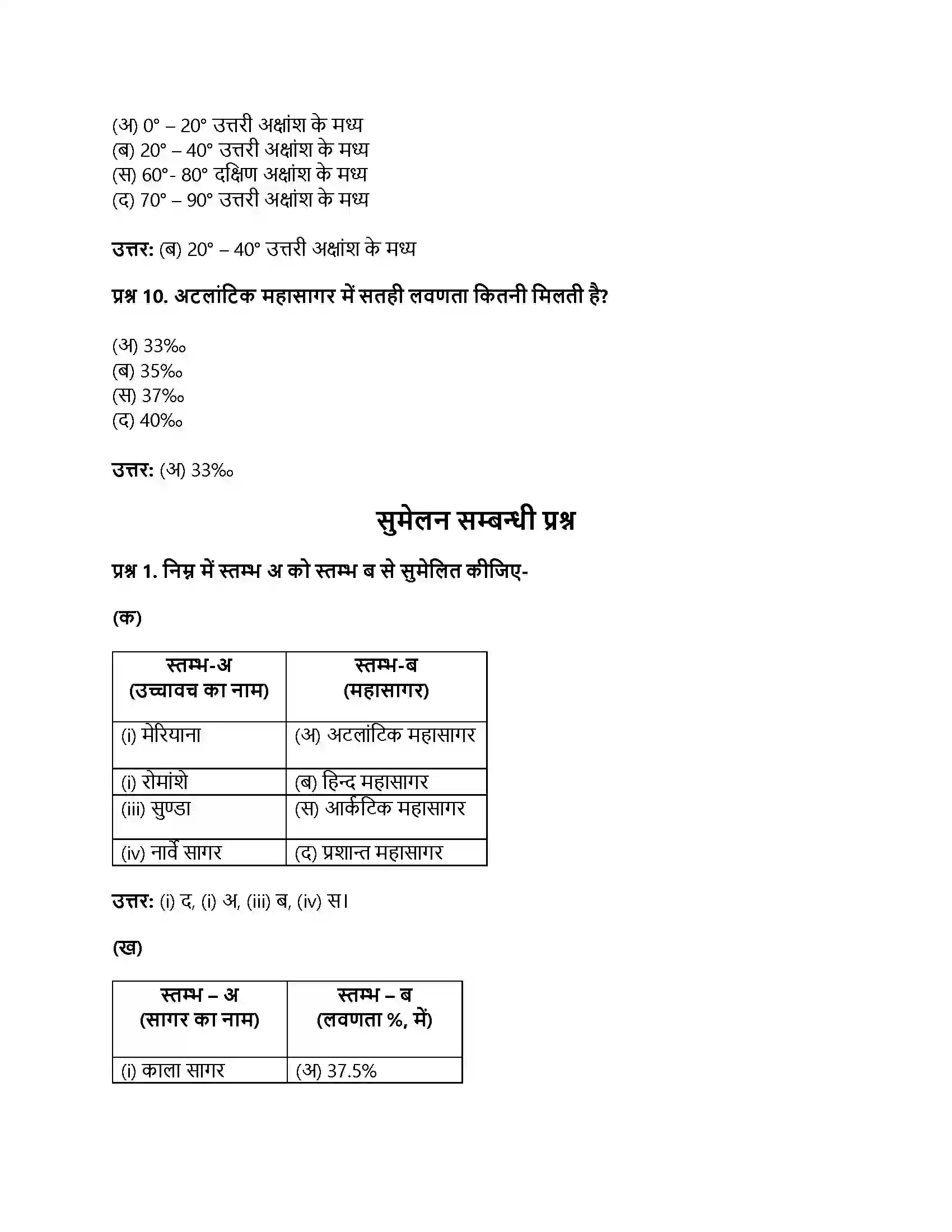 RBSE Class 11th भौतिक भूगोल महासागर उच्चावच, तापमान एवं लवणता Solution 11