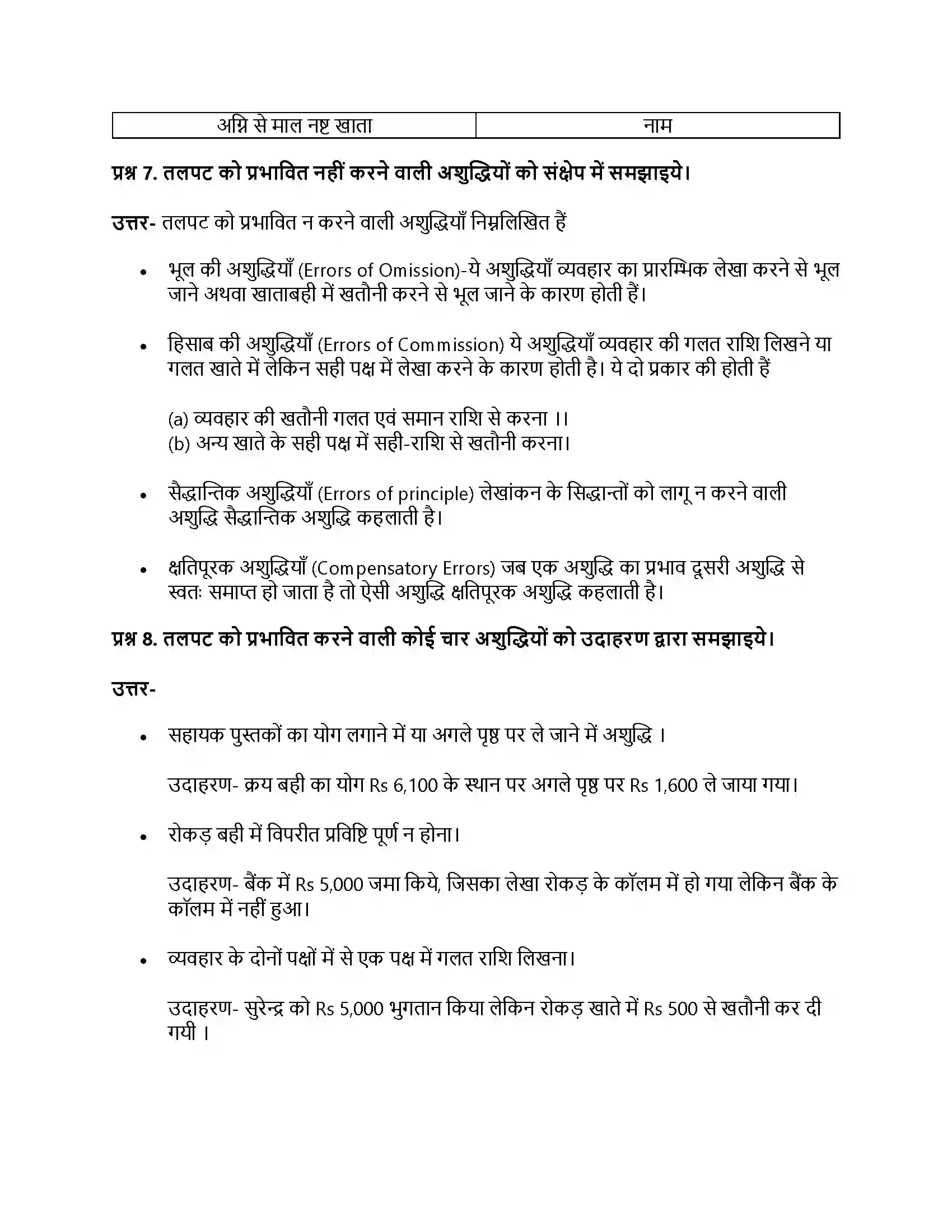 RBSE Class 11th लेखाशास्त्र तलपट एवं अशुद्धियों का सुधार Solution 9