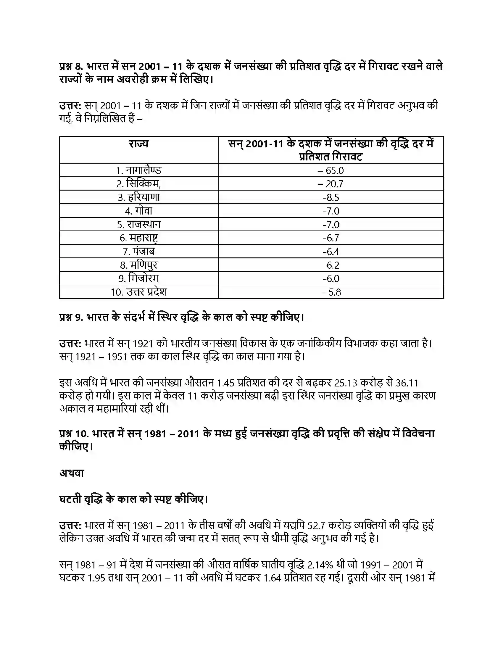 RBSE Class 12th भूगोल भारत जनसंख्या वितरण, घनत्व एवं वृद्धि Solution 21