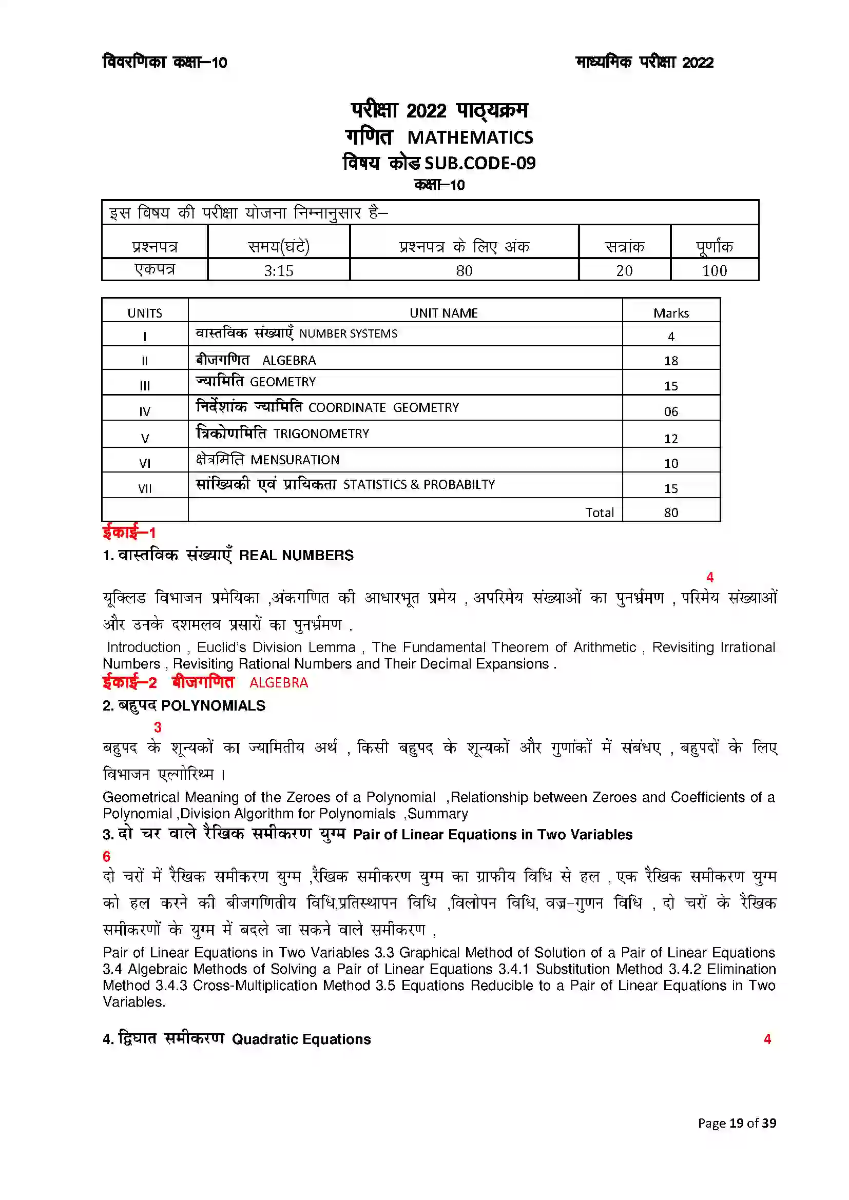RBSE Class 10th 2022 Maths Syllabus 1
