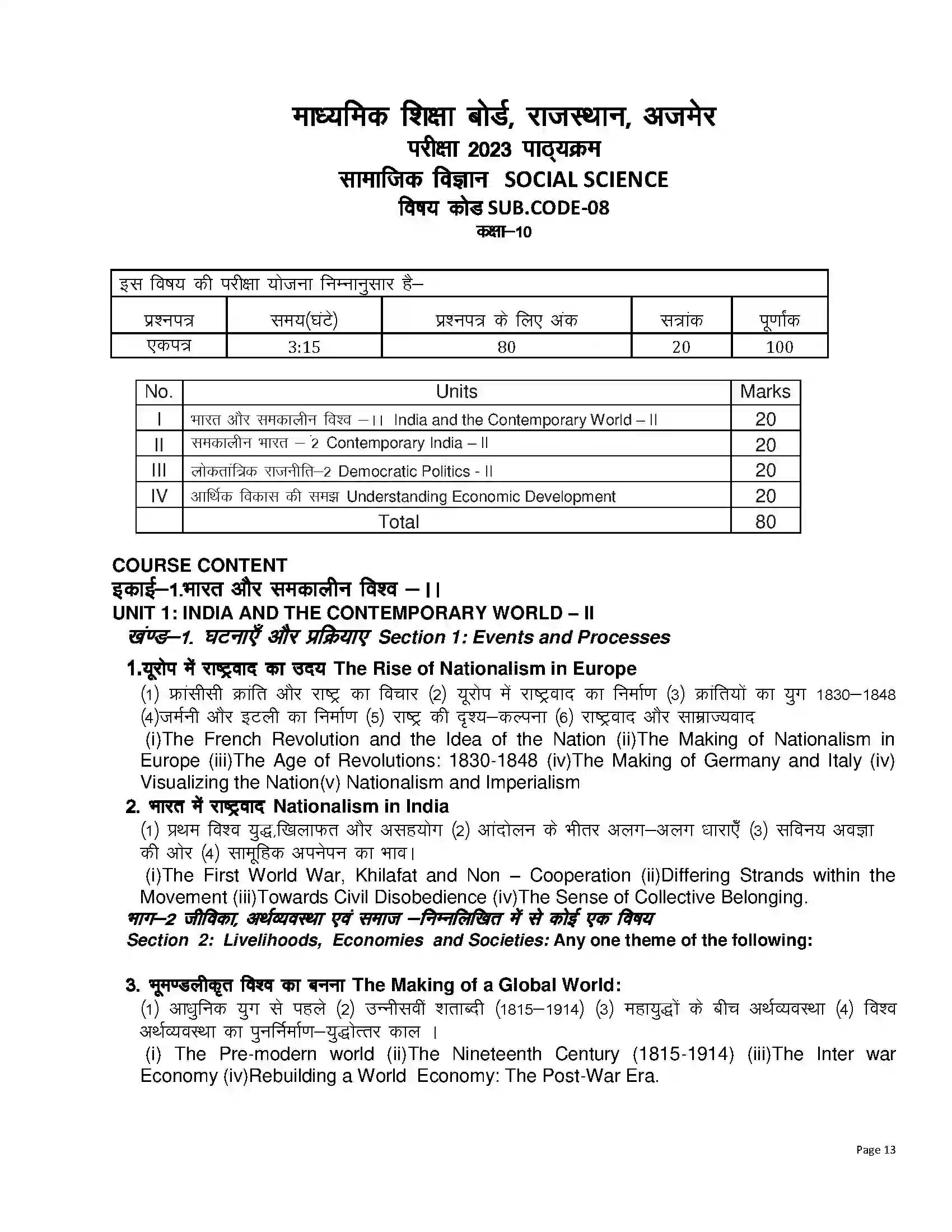 RBSE Class 10th 2023 Social Science Syllabus 1