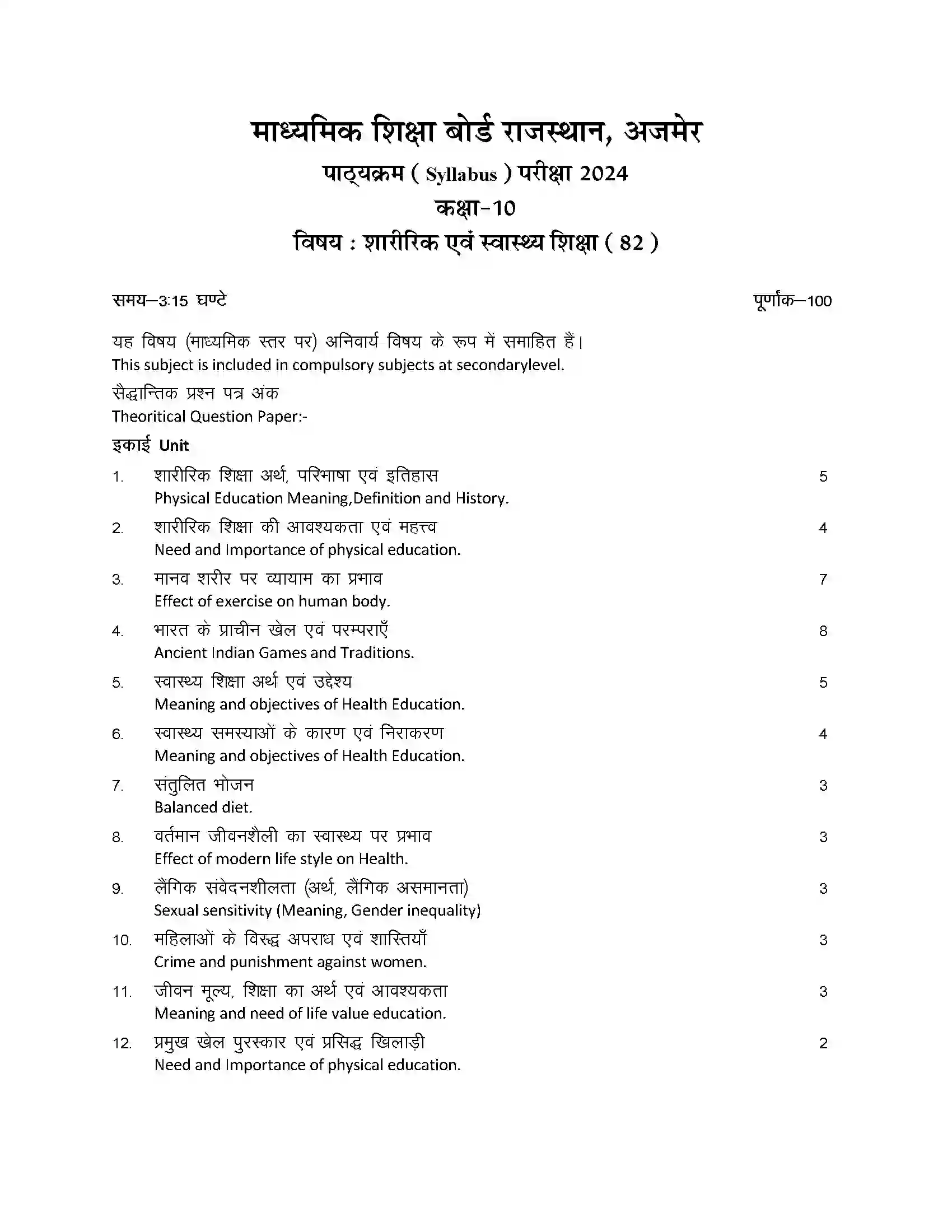 RBSE Class 10th 2024 Physical and Health Education Syllabus 1