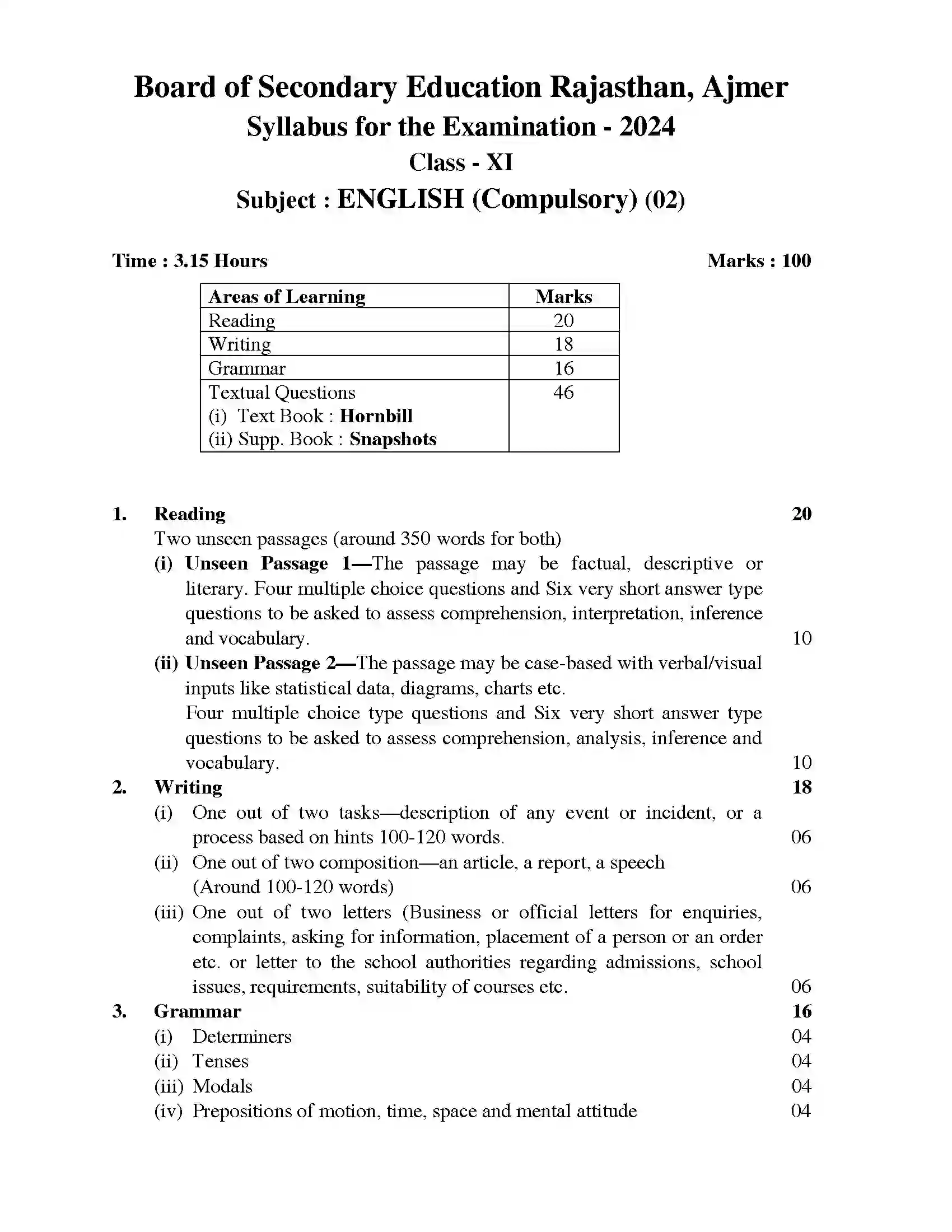 RBSE Class 11th 2024 English Syllabus 1