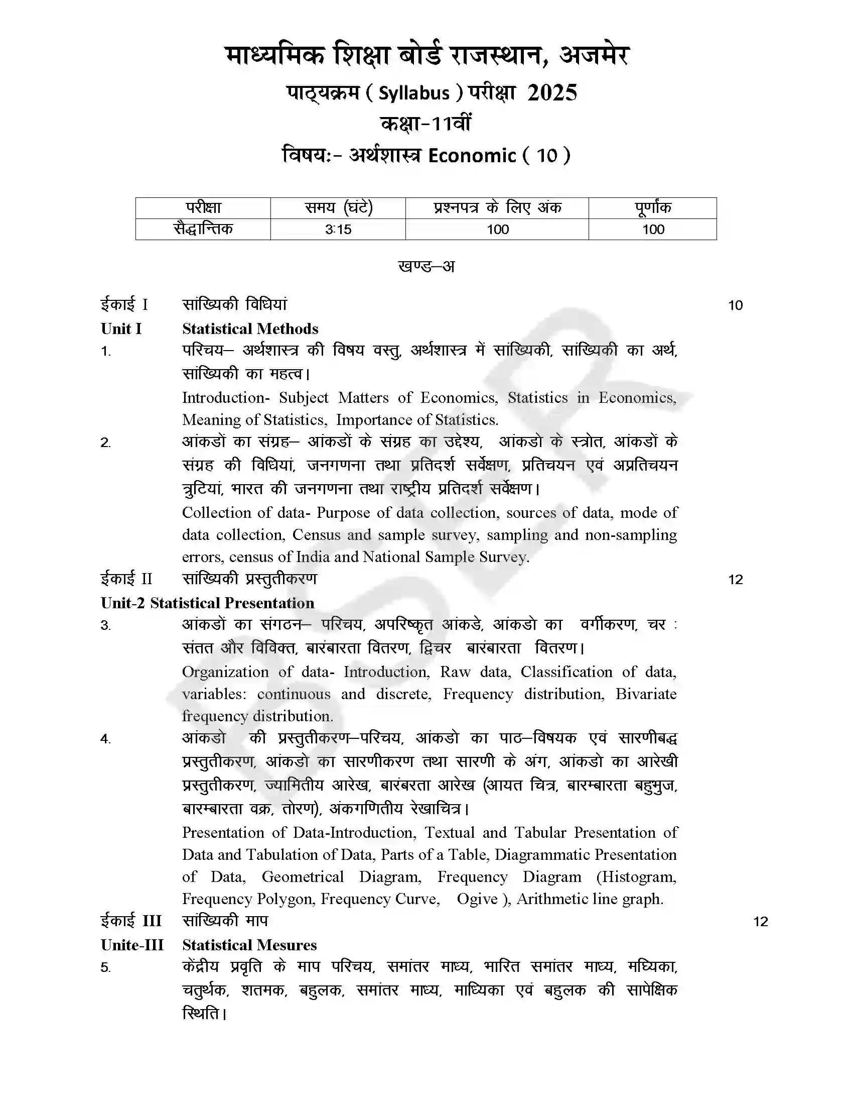 RBSE Class 11th 2025 Economics Syllabus 1