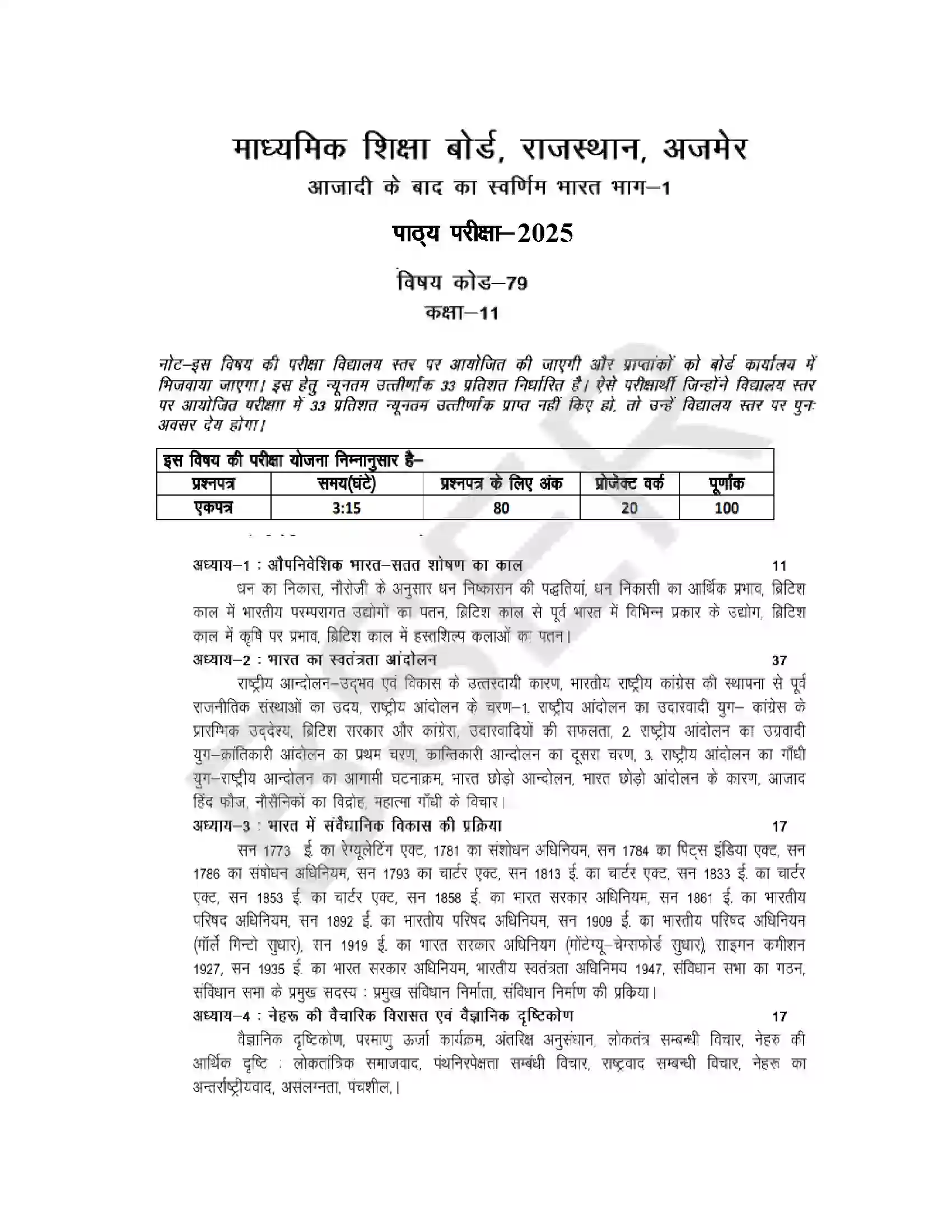 RBSE Class 11th 2025 Golden India after Independence Part-1 Syllabus 1