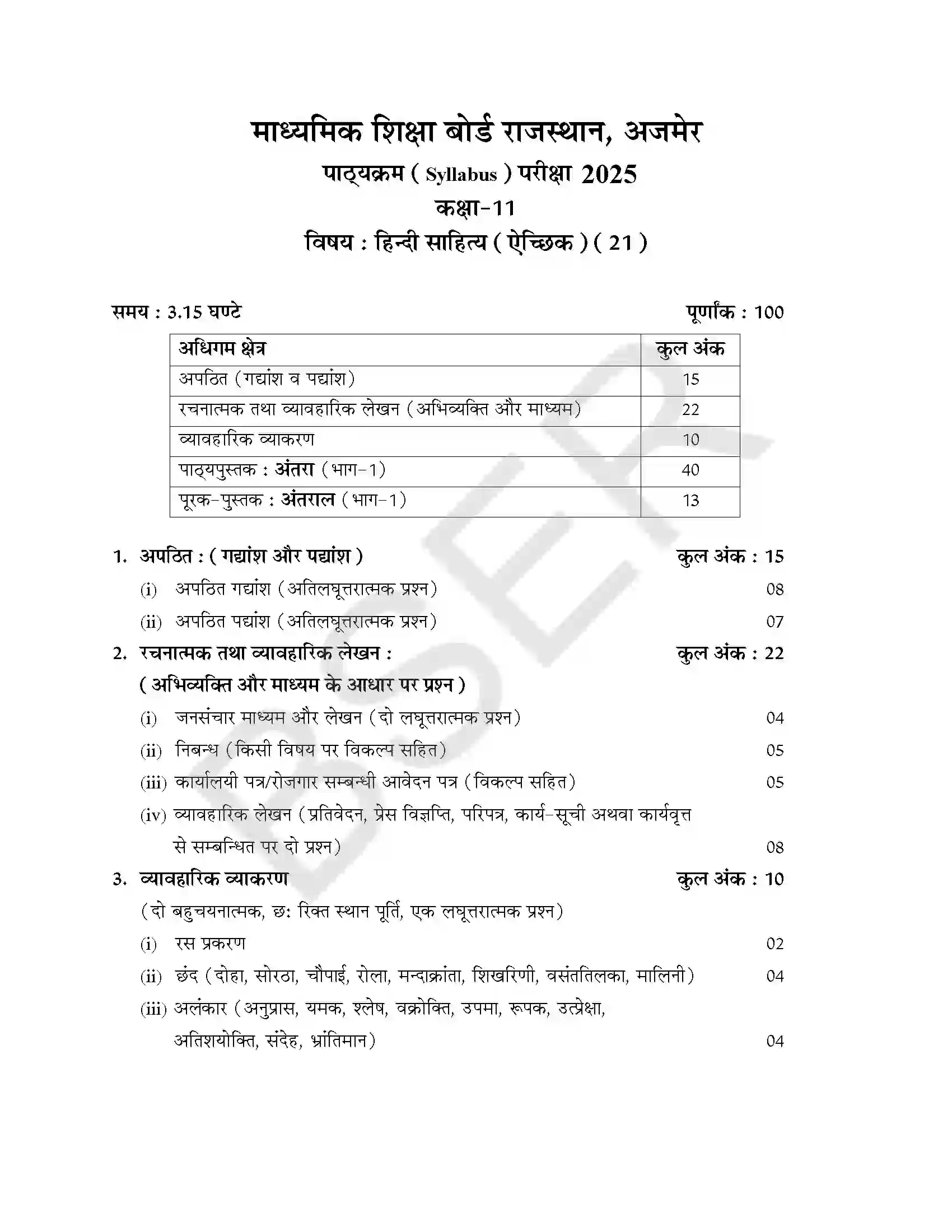 RBSE Class 11th 2025 Hindi Elective Syllabus 1