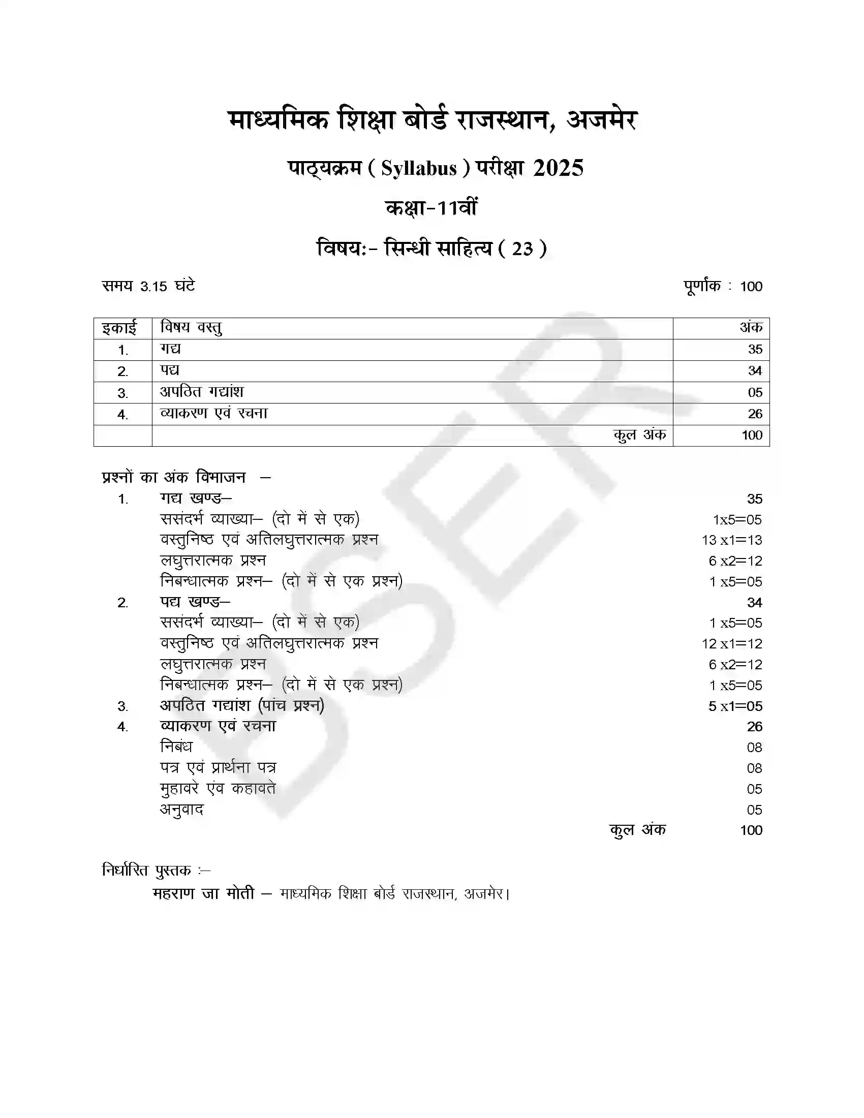 RBSE Class 11th 2025 Sindhi Syllabus 1