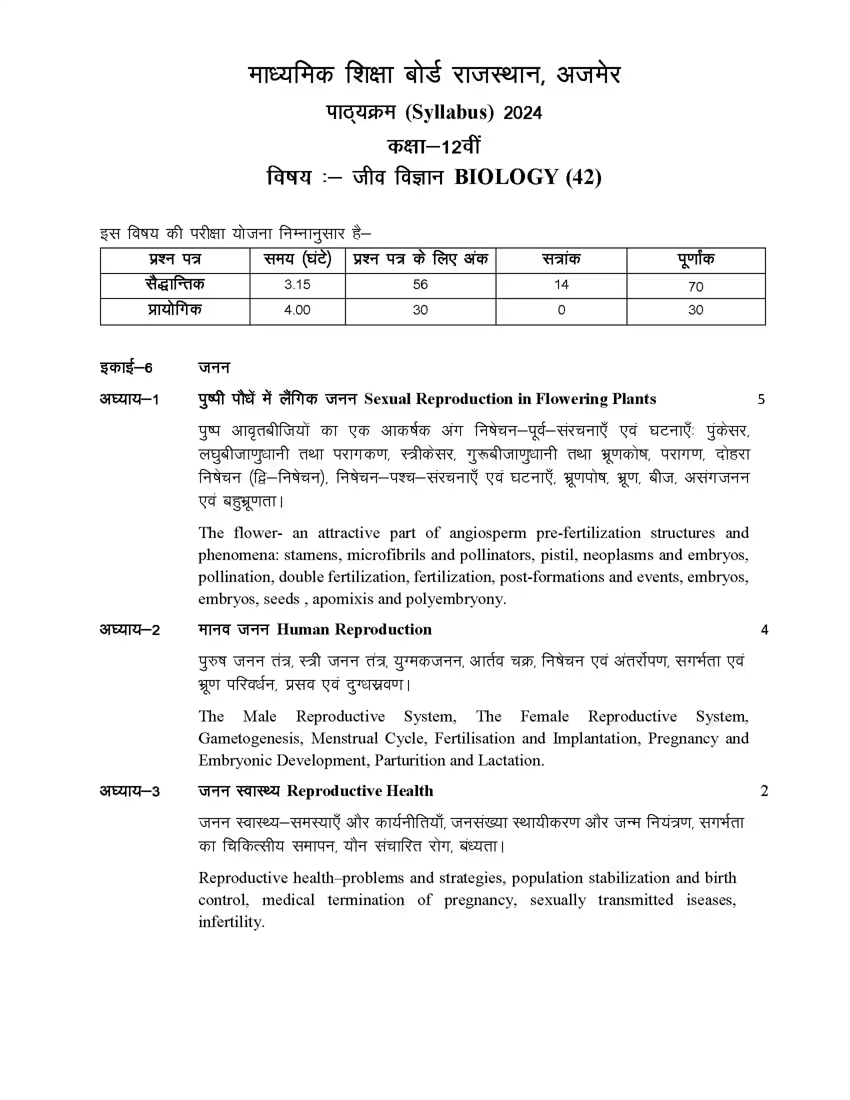 RBSE Class 12th 2024 Biology Syllabus 1