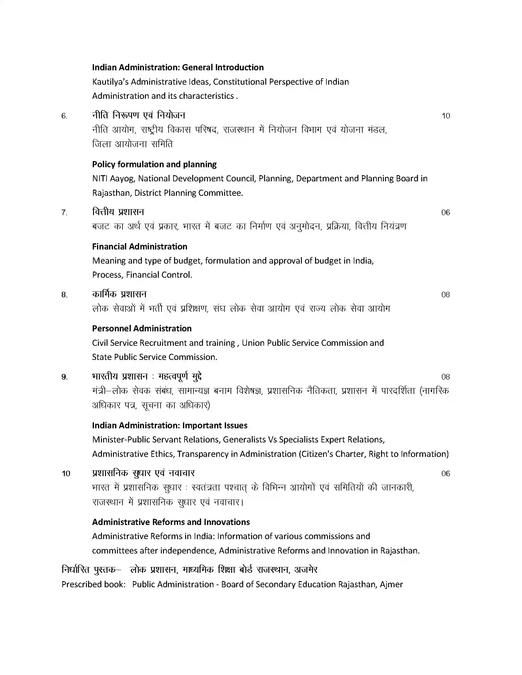 RBSE Class 12th 2024 Public Administration Syllabus 2