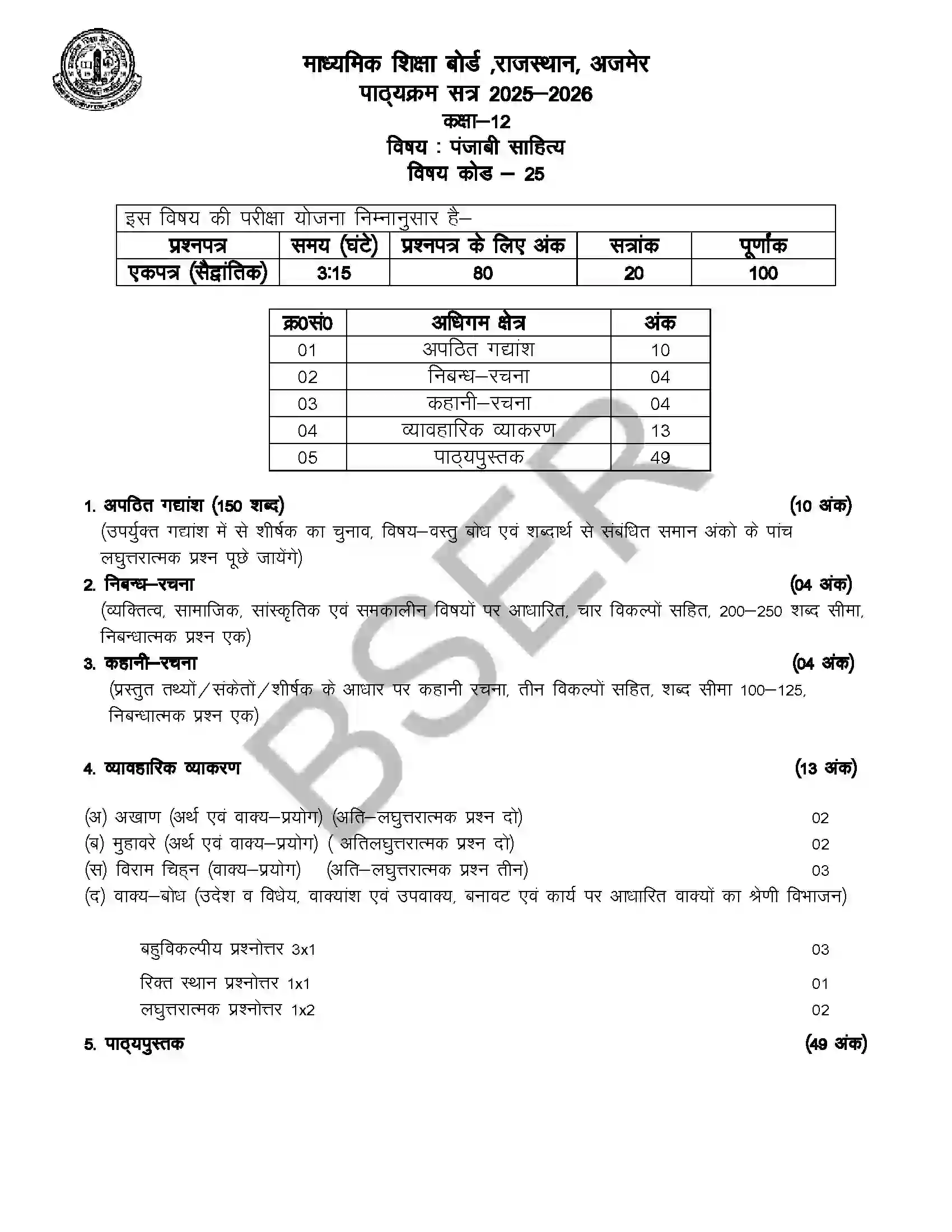RBSE Class 12th 2026 पंजाबी साहित्य Syllabus 1