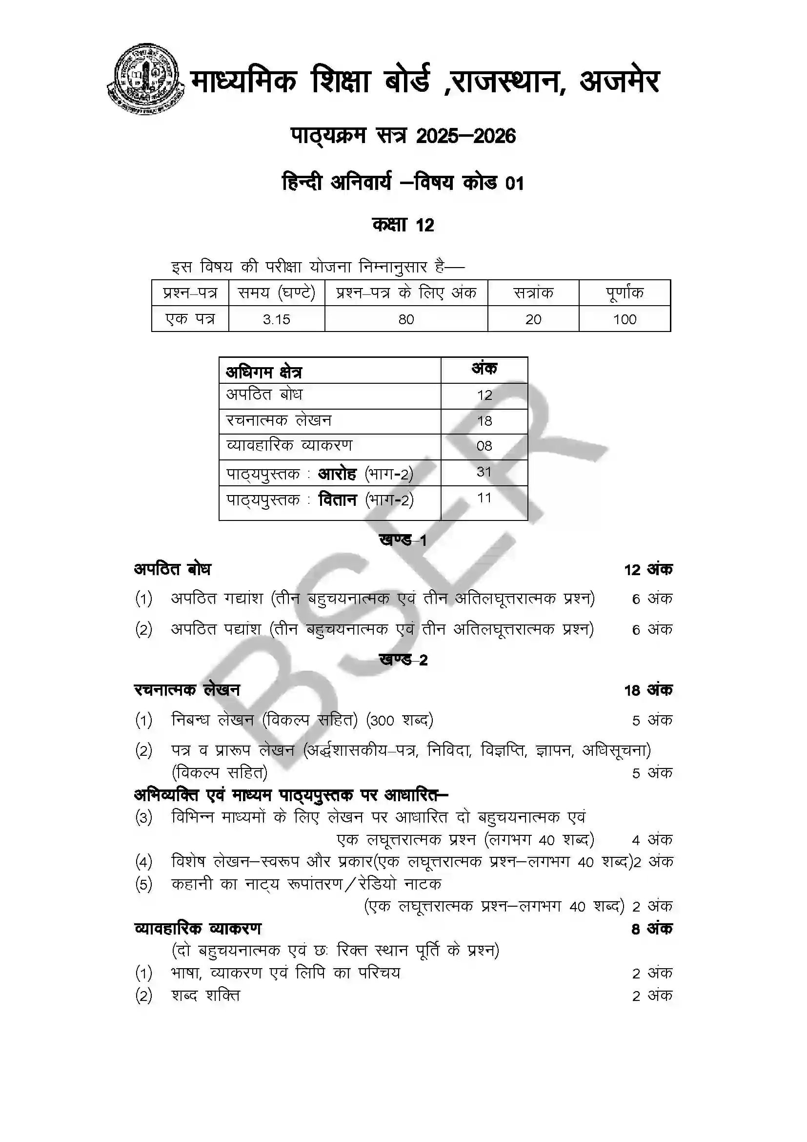 RBSE Class 12th 2026 हिन्दी अनिवार्य Syllabus 1