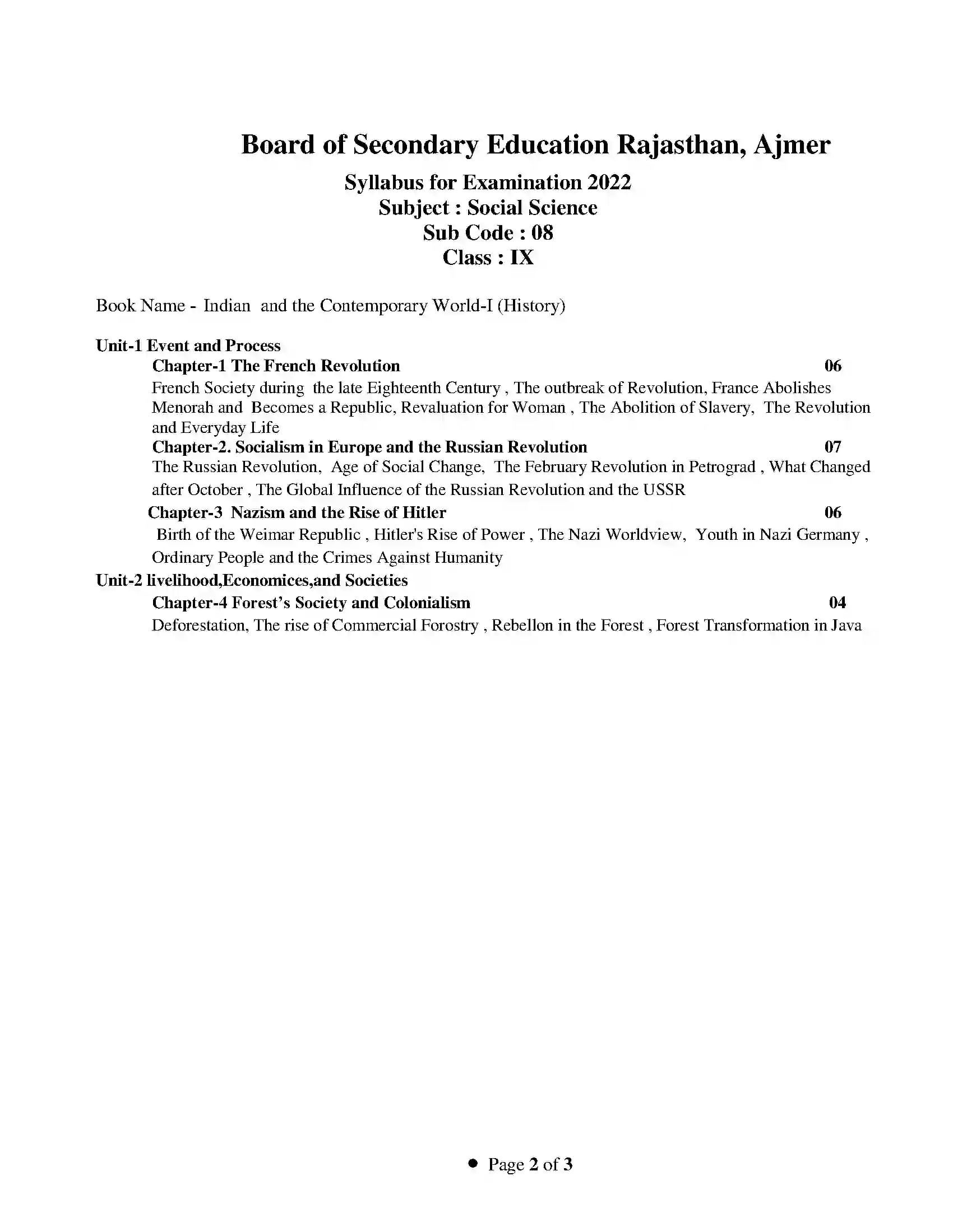 RBSE Class 9th 2022 Social Science Syllabus 1