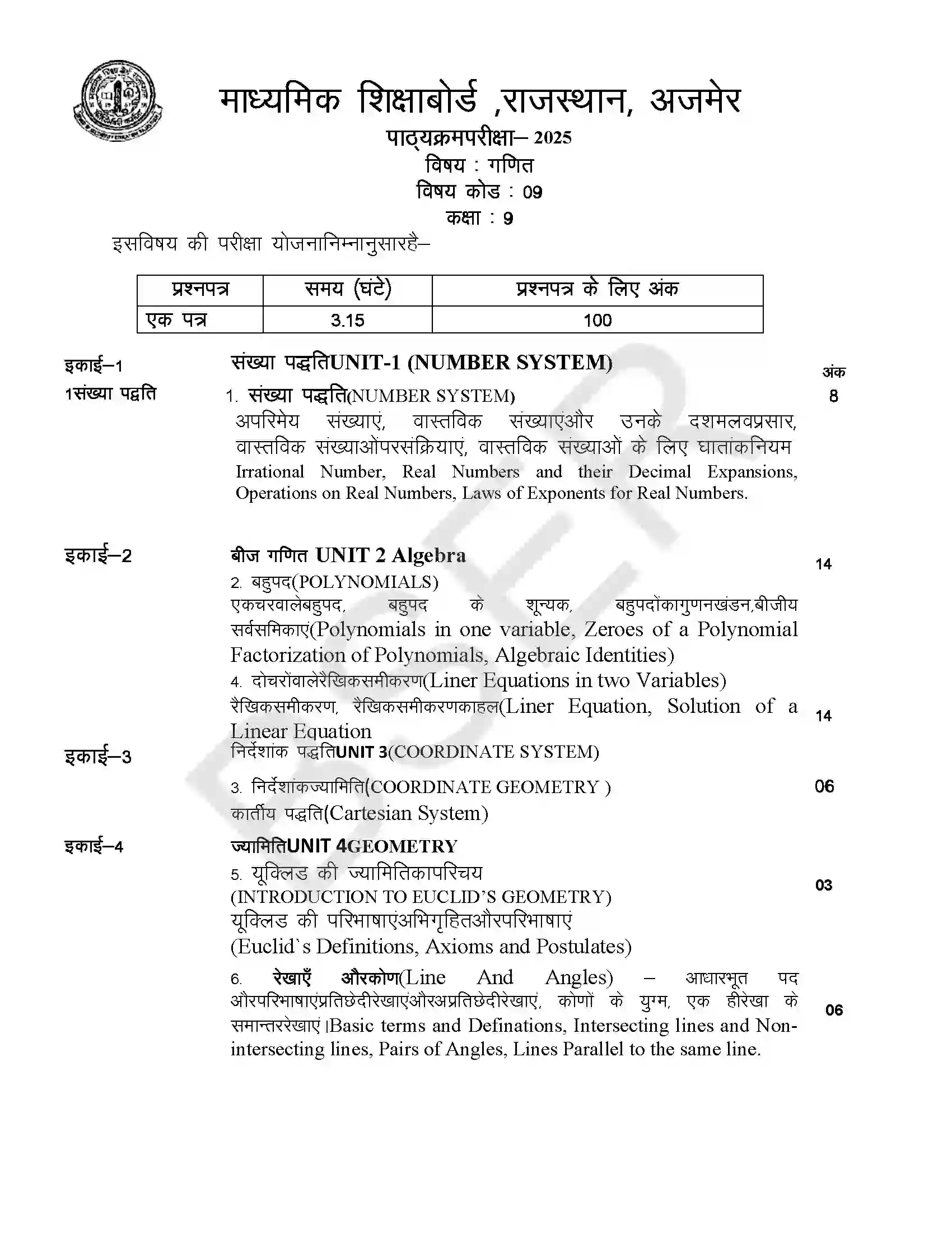 RBSE Class 9th 2025 Maths Syllabus 1